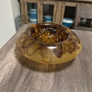 Amber cloud glass flower bowl with flower frog